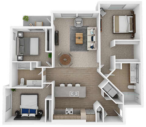 Floor plan for 3 beds, 2 baths, 1370 sqft